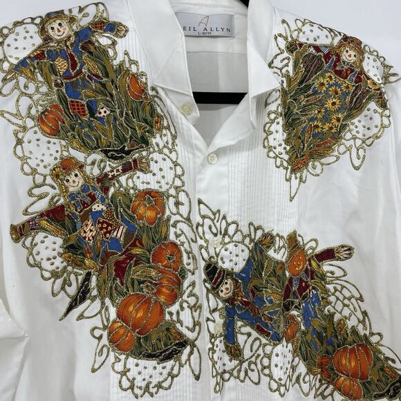 Neil Allyn Size L 32/33 Halloween Tuxedo Shirt Canvas Pumpkins Scarecrow Gold - Picture 2 of 7